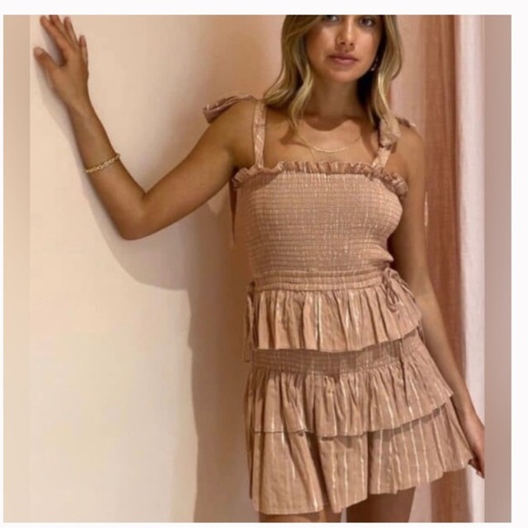 House of Harlow 1960 Shimmer Smocked Tiered Mini Dress Small - Picture 5 of 13